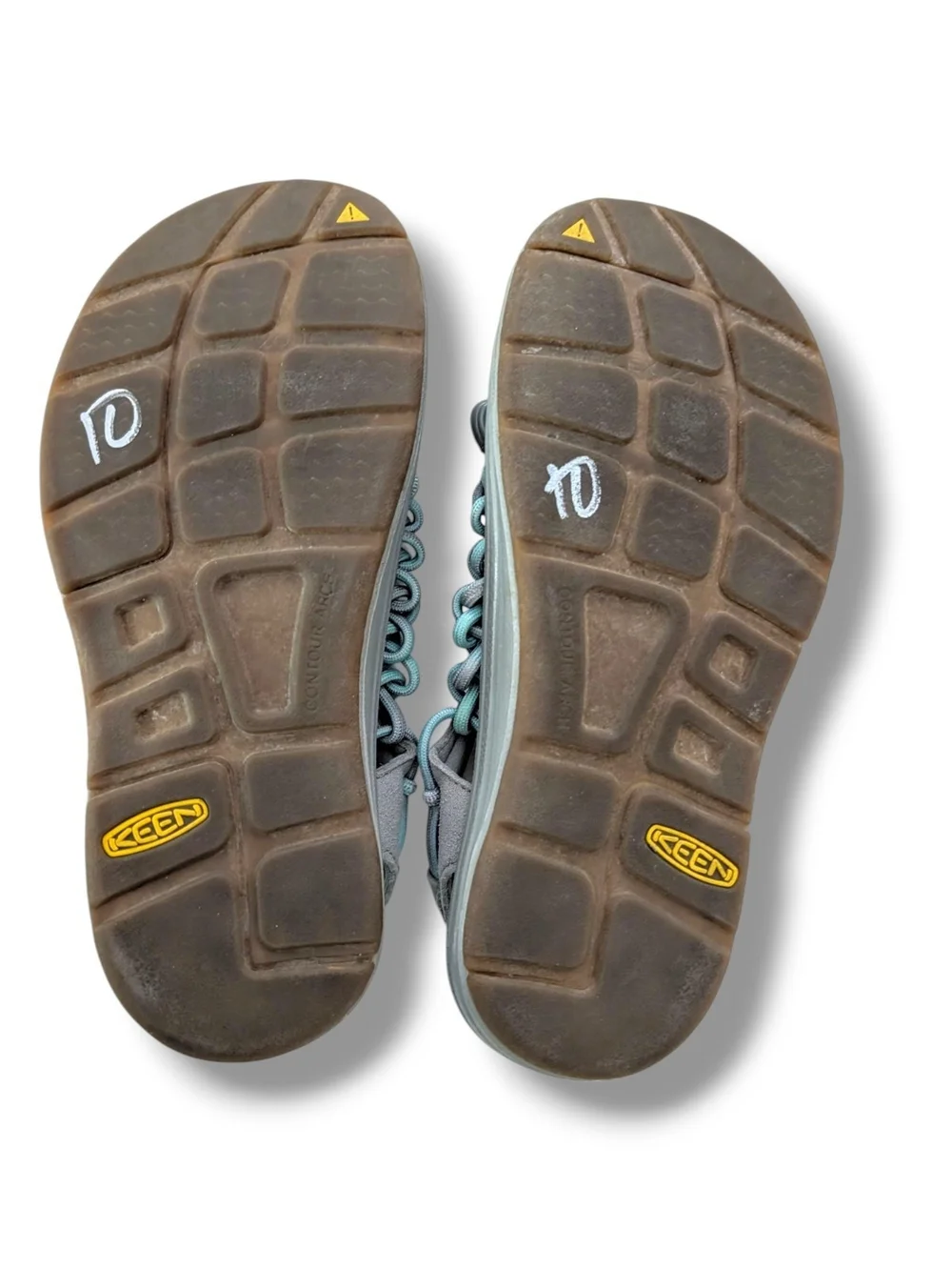 NWOT KEEN Women's Uneek open-air cord sandals in a grey and aqua blue colorway